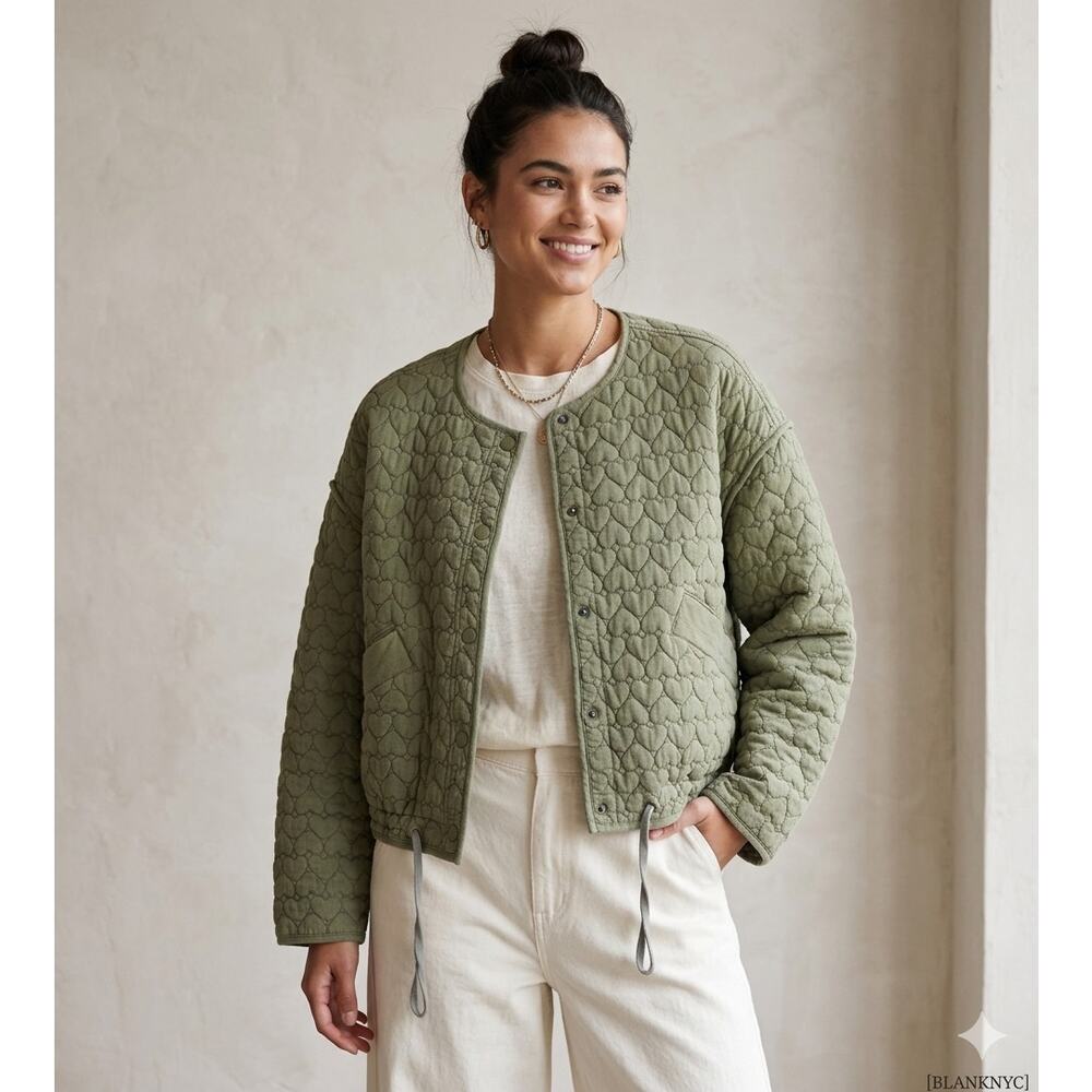 BLANKNYC Heart Quilted Boho Jacket Sage Green Cotton Puffer Boxy Snap Front L